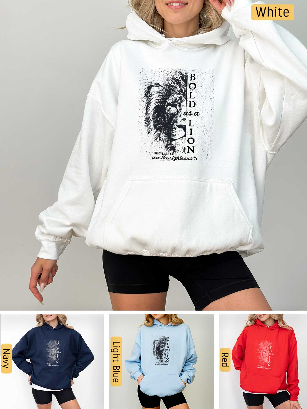 a woman wearing a sweatshirt with a lion on it