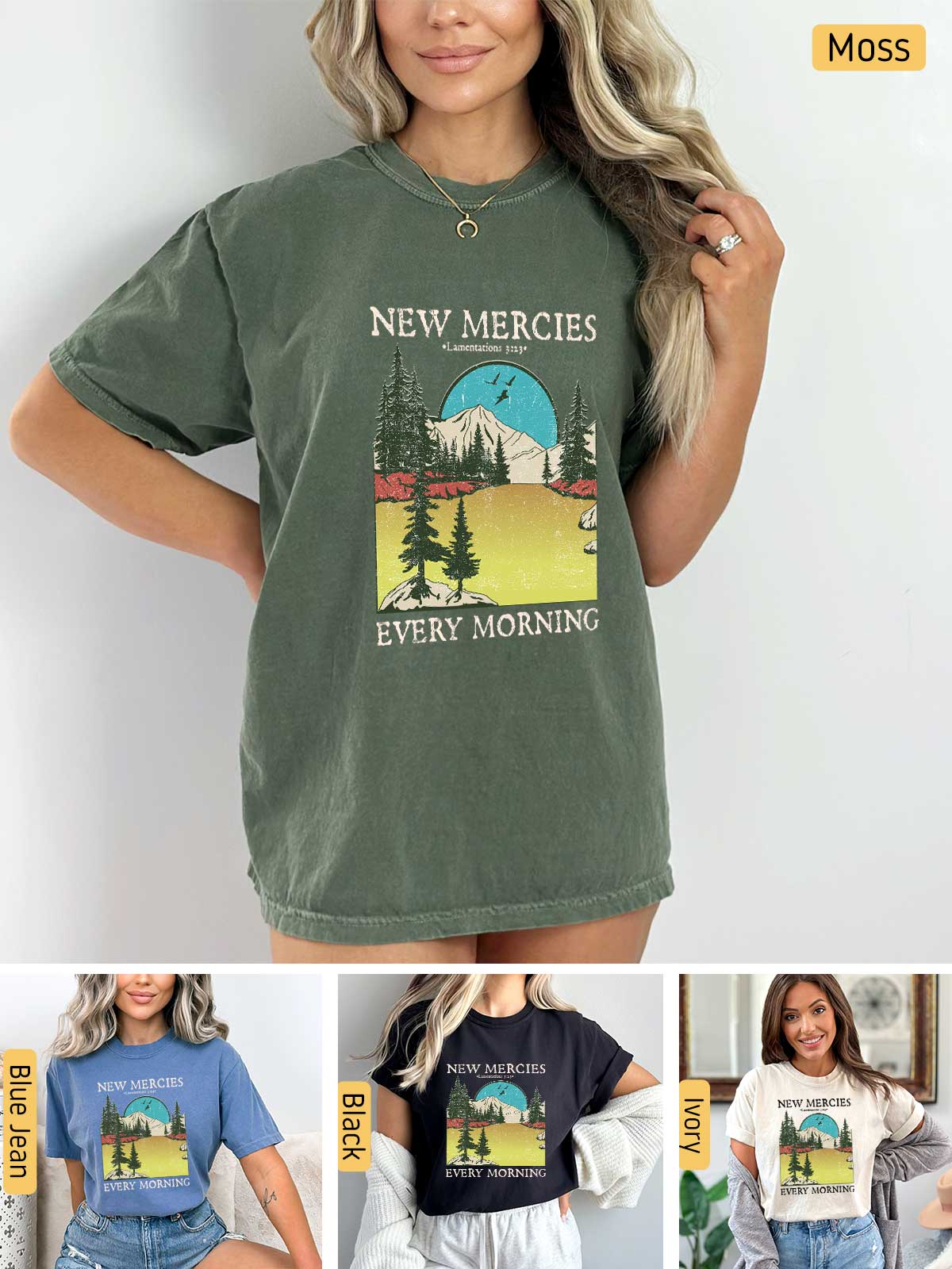 a woman wearing a new mercies every morning t - shirt