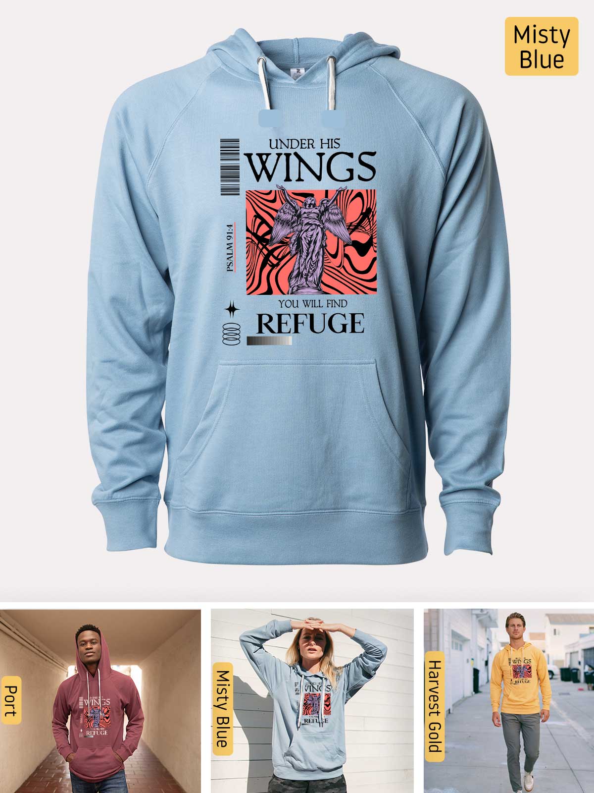 a blue hoodie with a picture of a winged figure on it