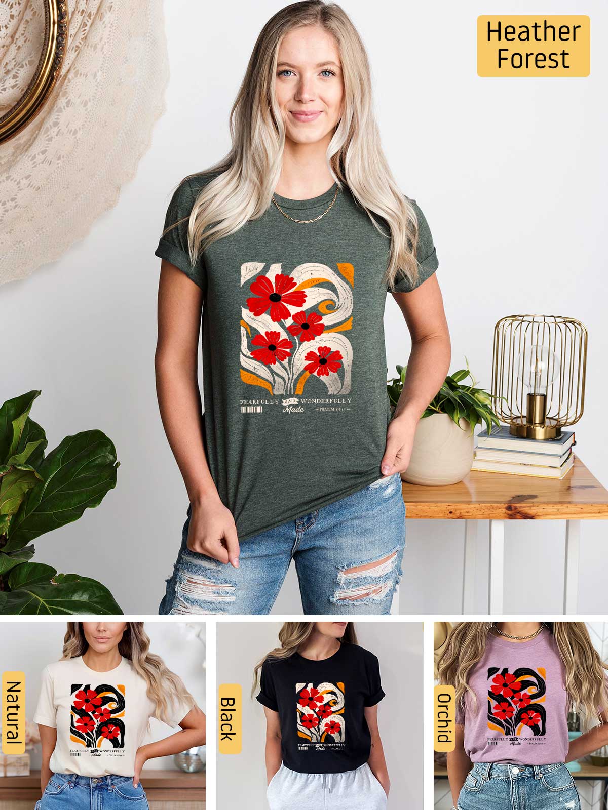 a woman wearing a t - shirt with flowers on it