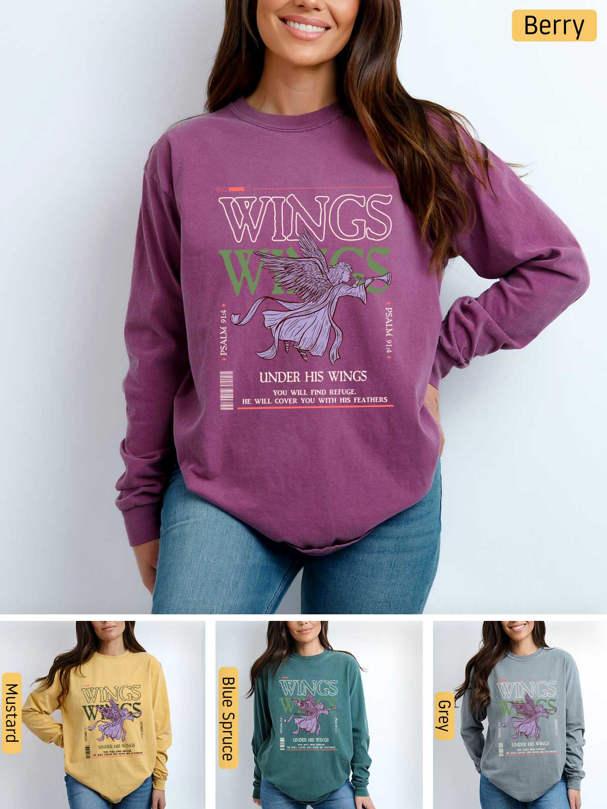 a woman wearing a sweatshirt with the words wings on it