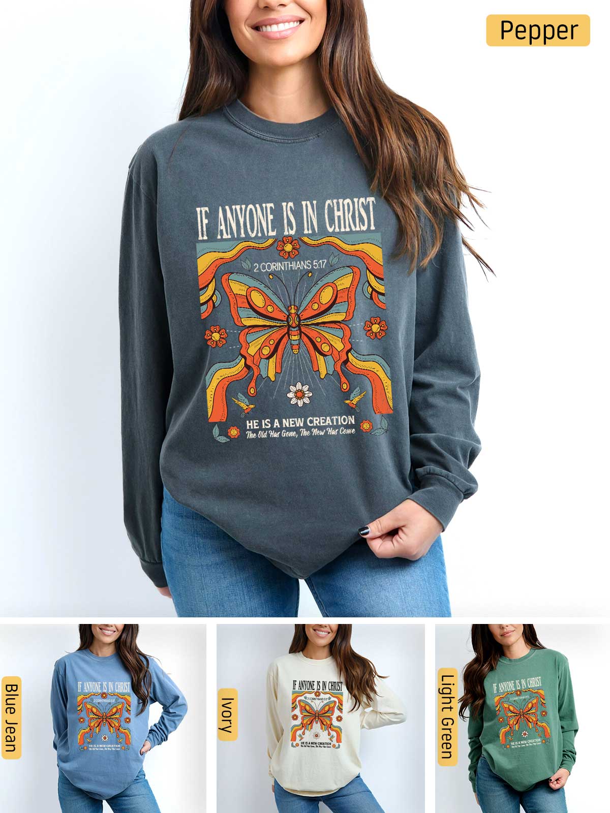 a woman wearing a sweatshirt that says if anyone is in christ