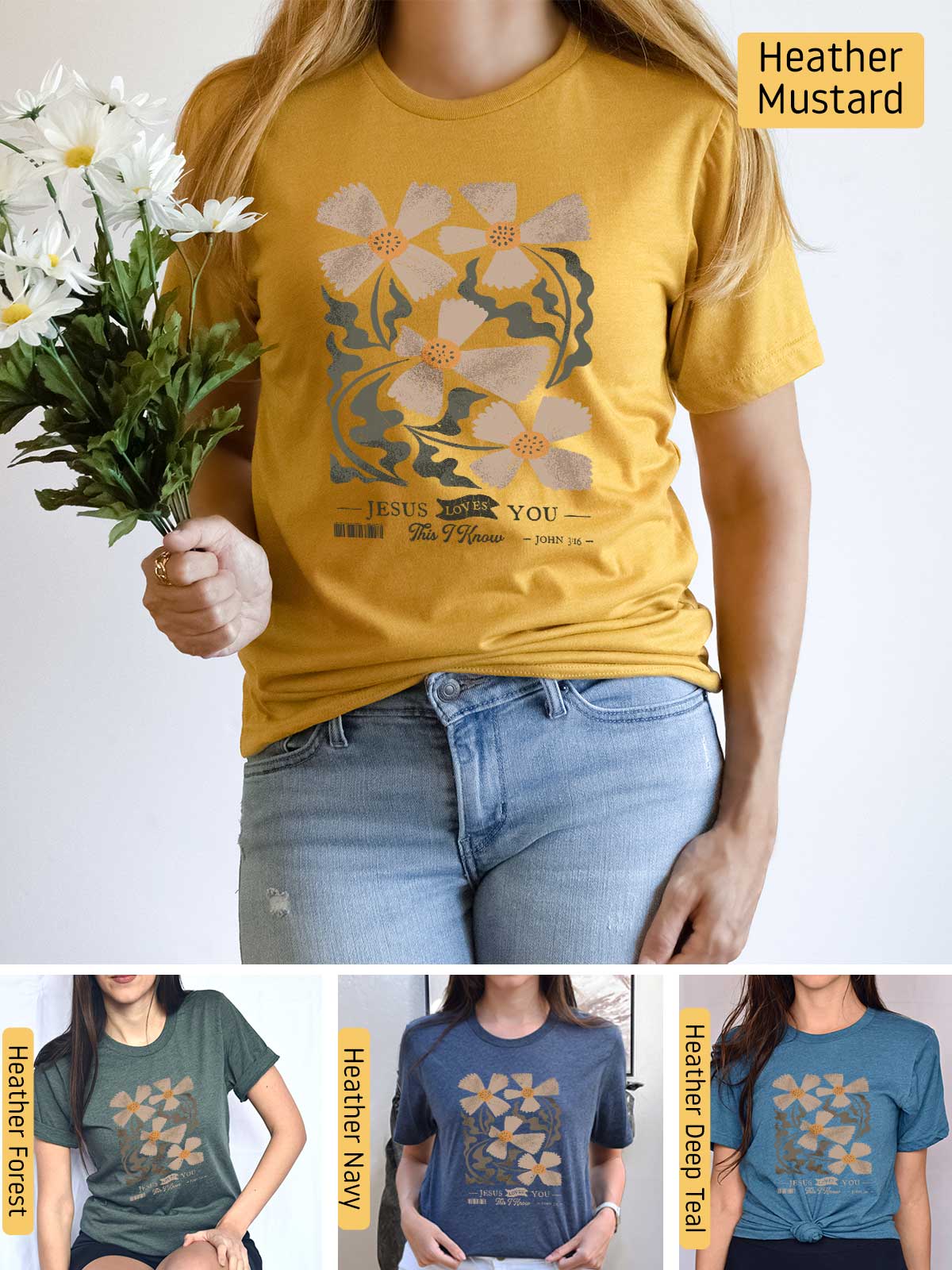 a woman wearing a t - shirt with flowers on it