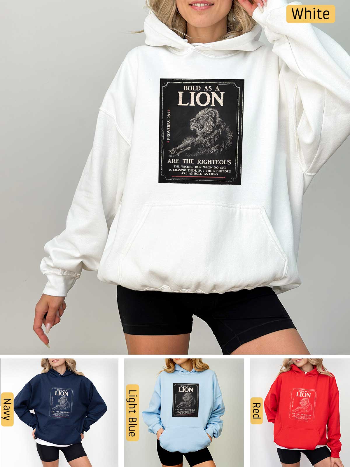 a woman wearing a lion sweatshirt and shorts