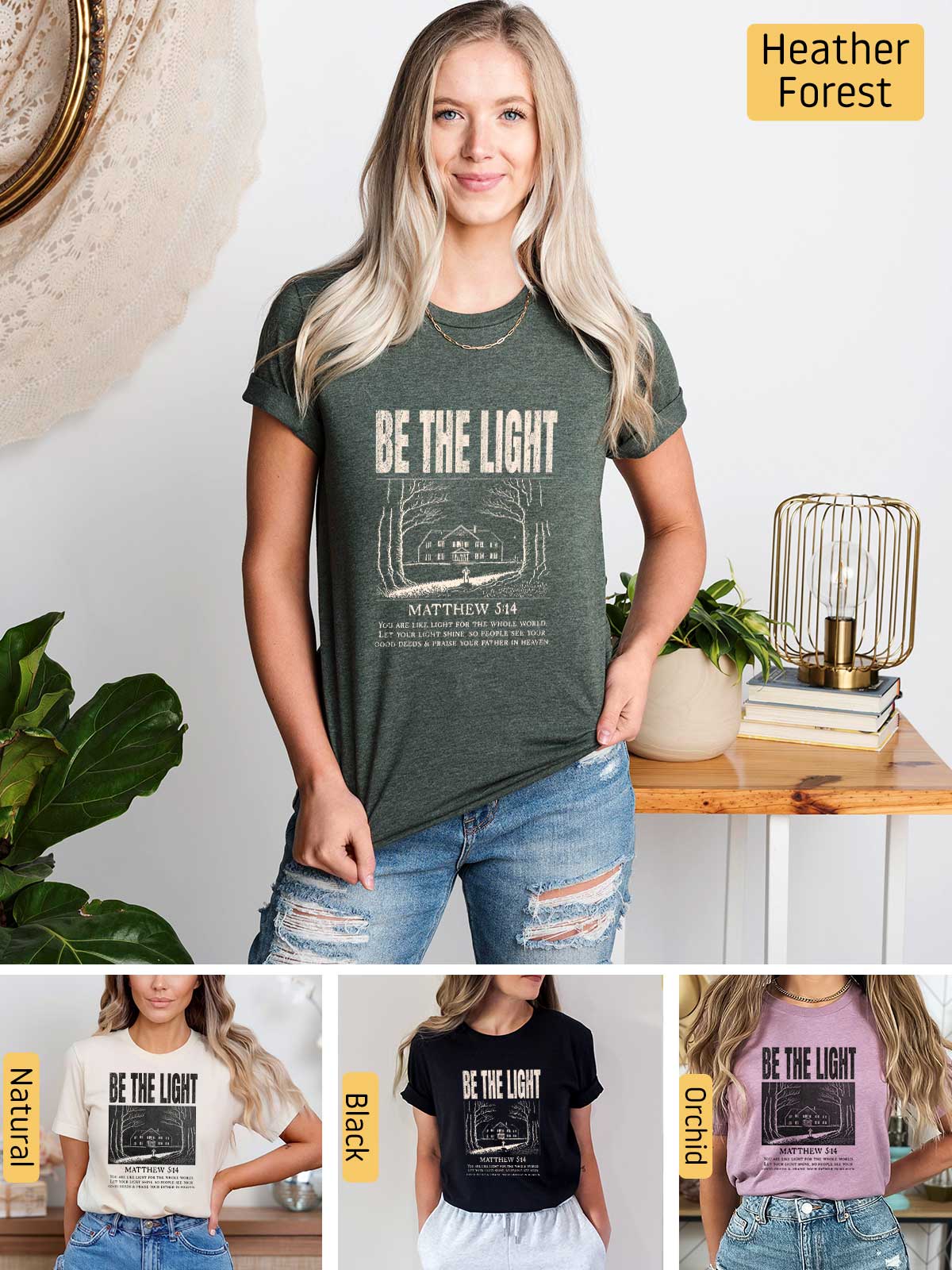 a woman wearing a t - shirt that says be the light