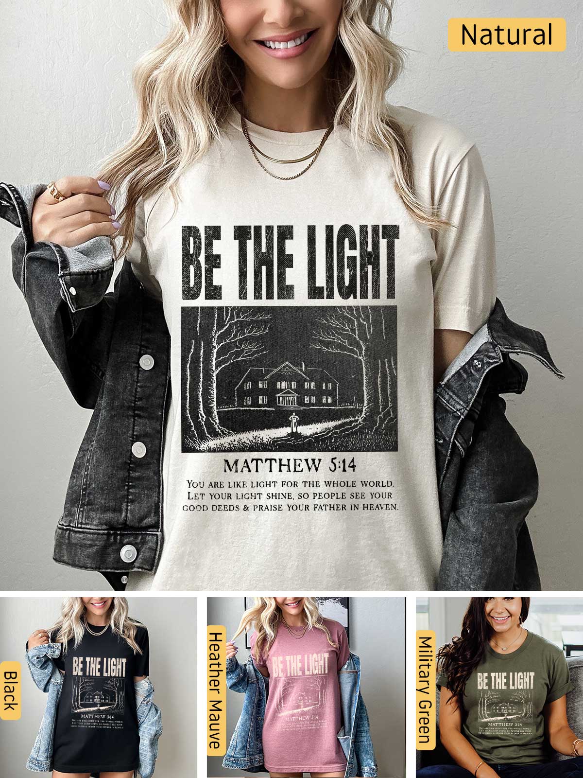 a woman wearing a t - shirt that says be the light