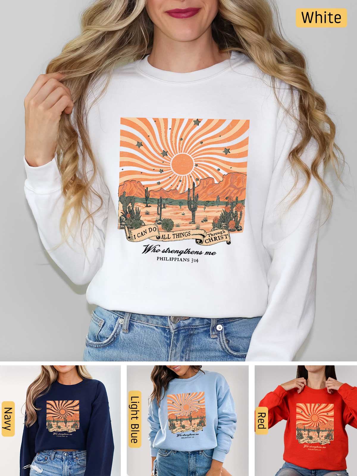 a woman wearing a white sweatshirt with a desert scene on it