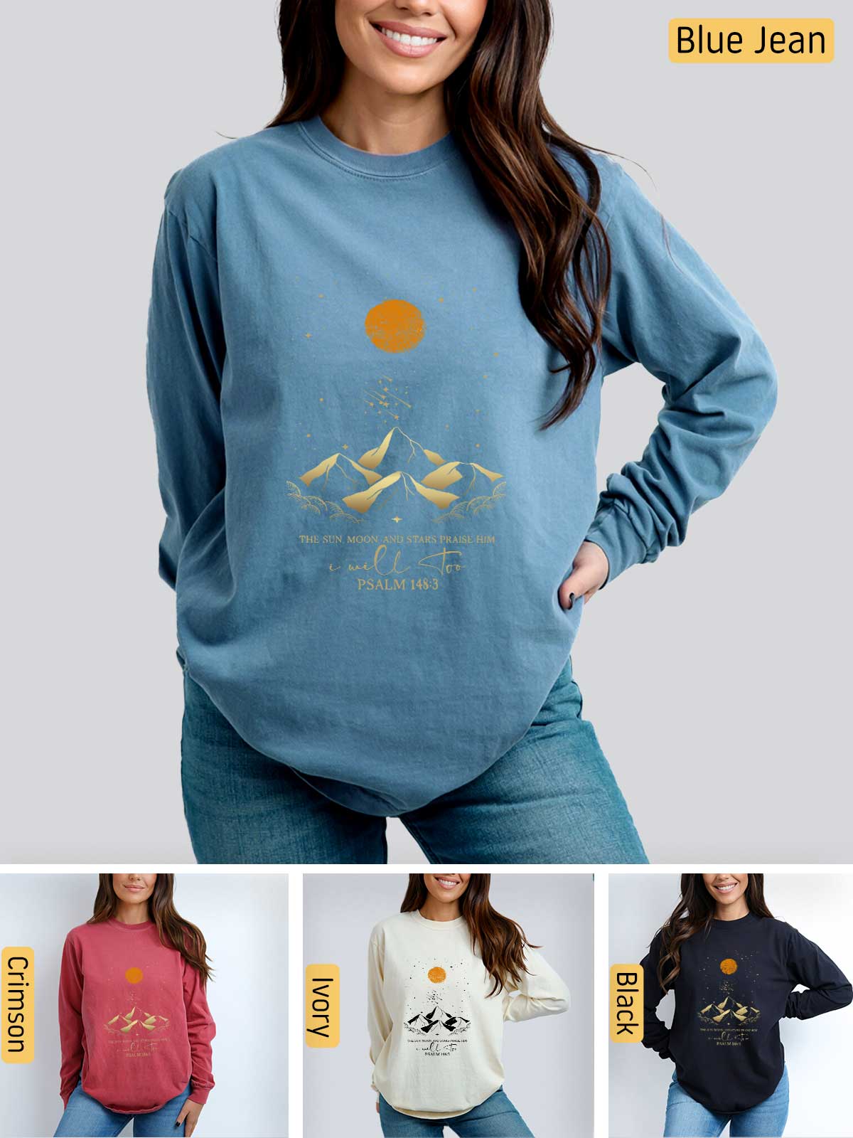 a woman wearing a blue sweater with a bird on it