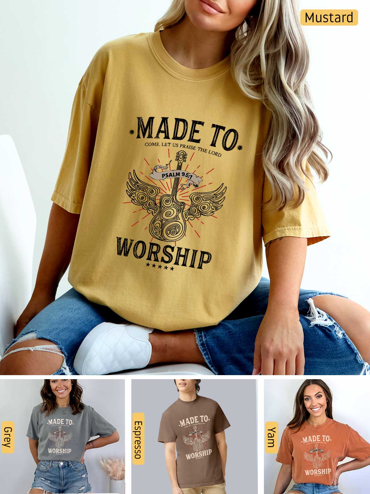 a woman wearing a mustard colored shirt with the words made to worship printed on it