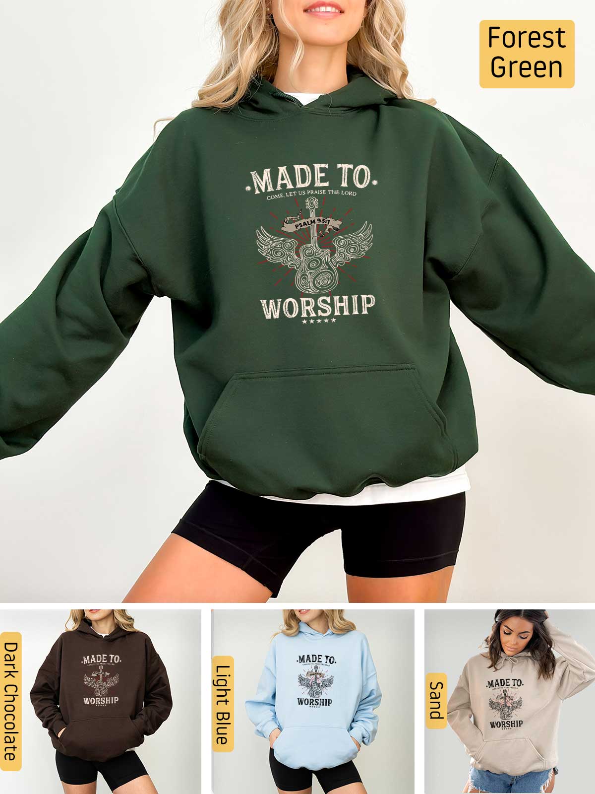 a woman wearing a hoodie that says made to worship