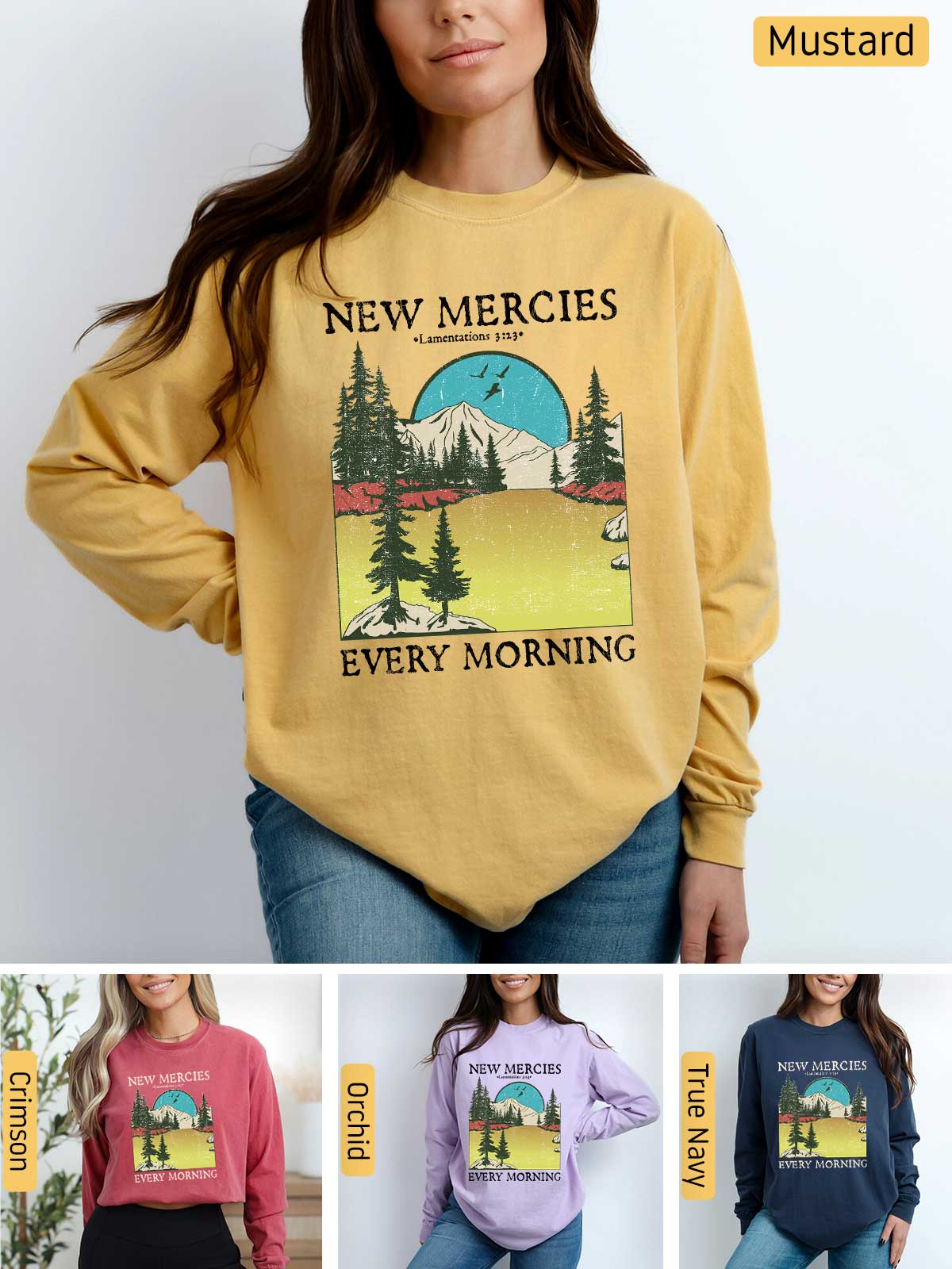 a woman wearing a new mercies every morning sweatshirt