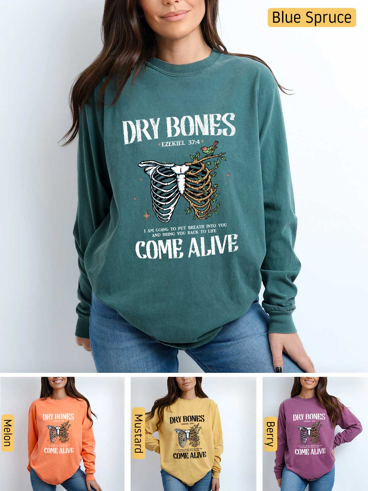 a woman wearing a sweatshirt that says dry bones come alive