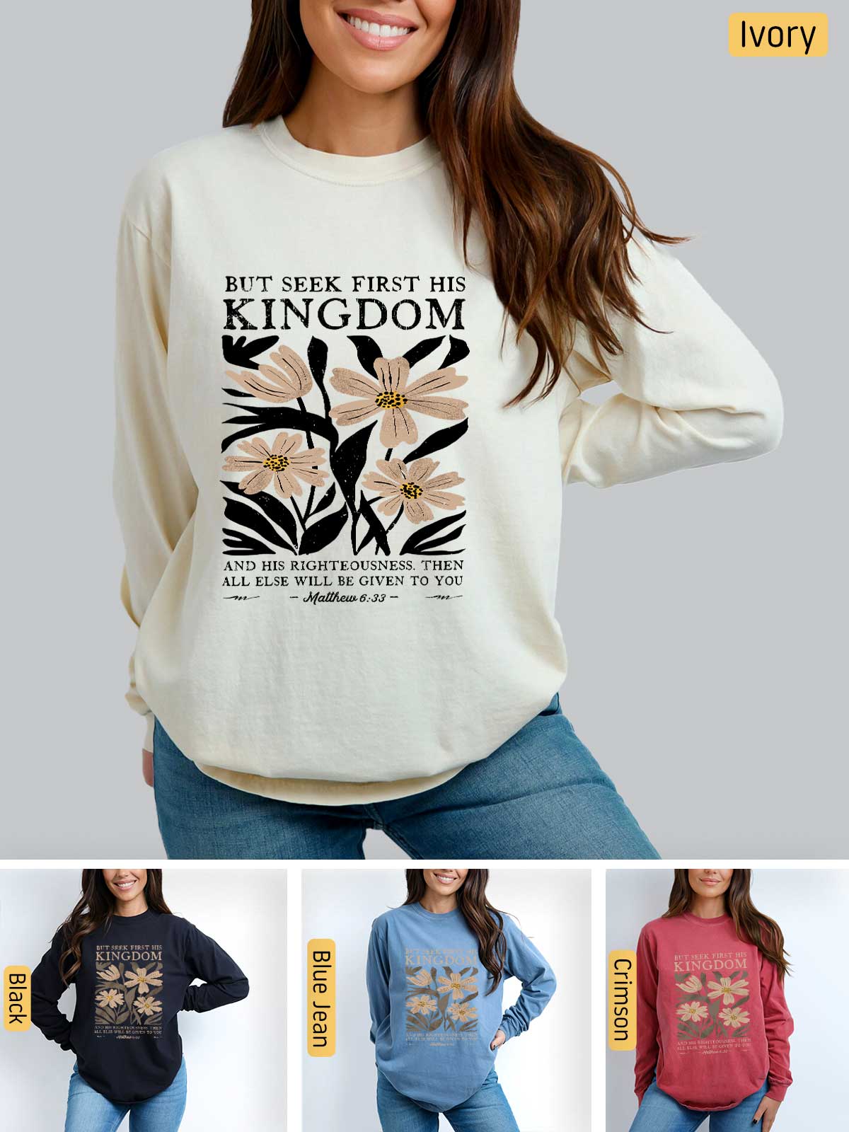 a woman wearing a sweatshirt with a flower on it