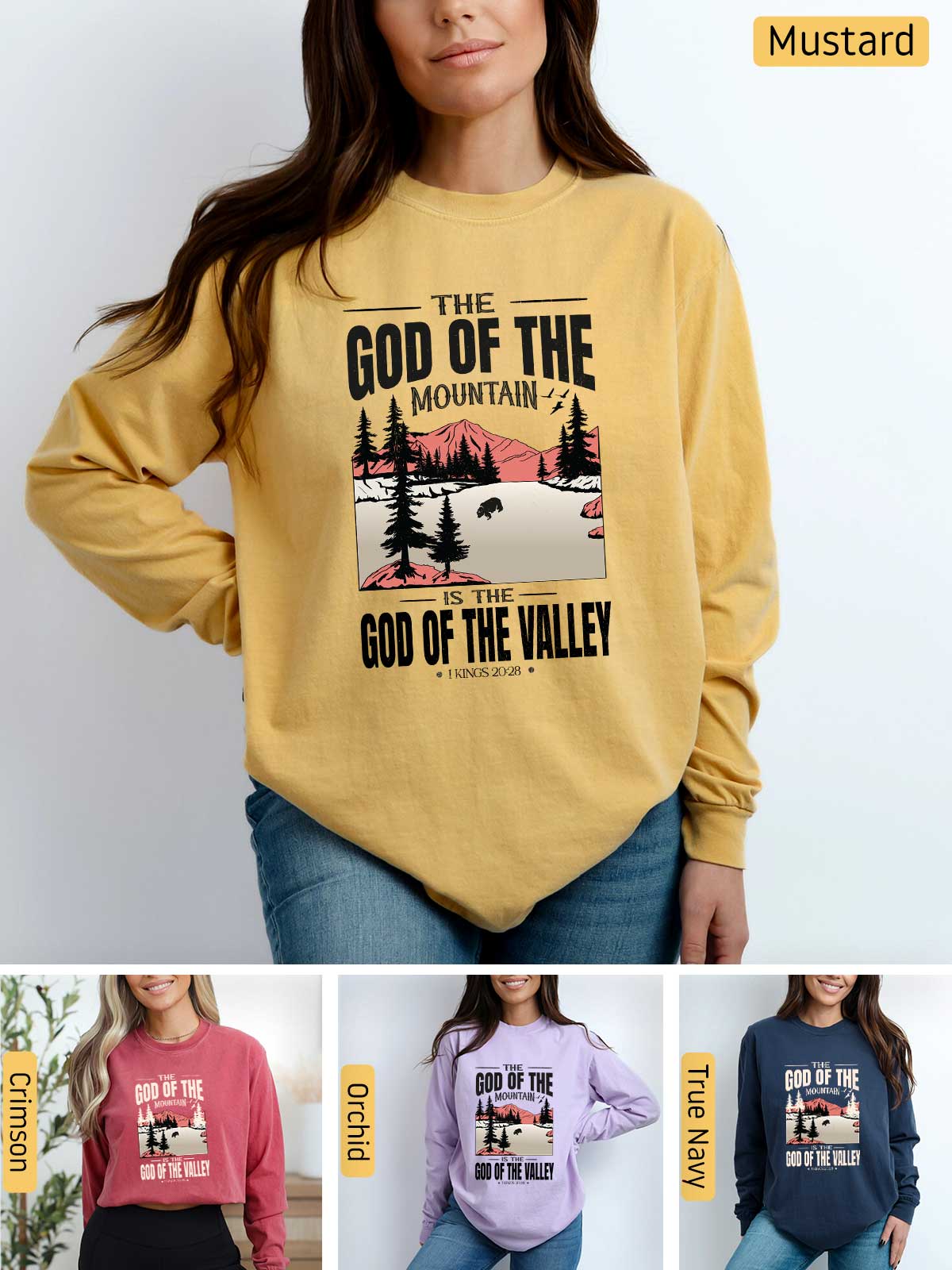 a woman wearing a sweatshirt with the words god of the mountains on it