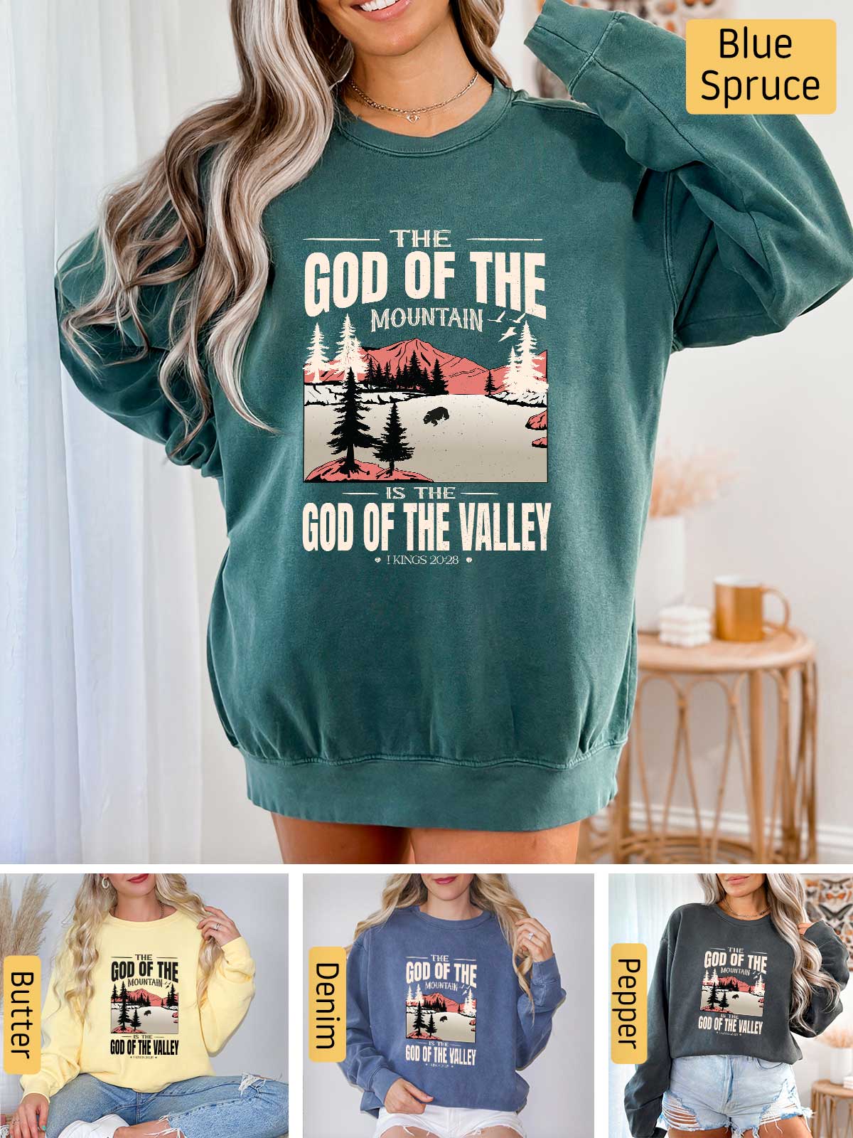 a woman wearing a sweatshirt with the words god of the mountain on it