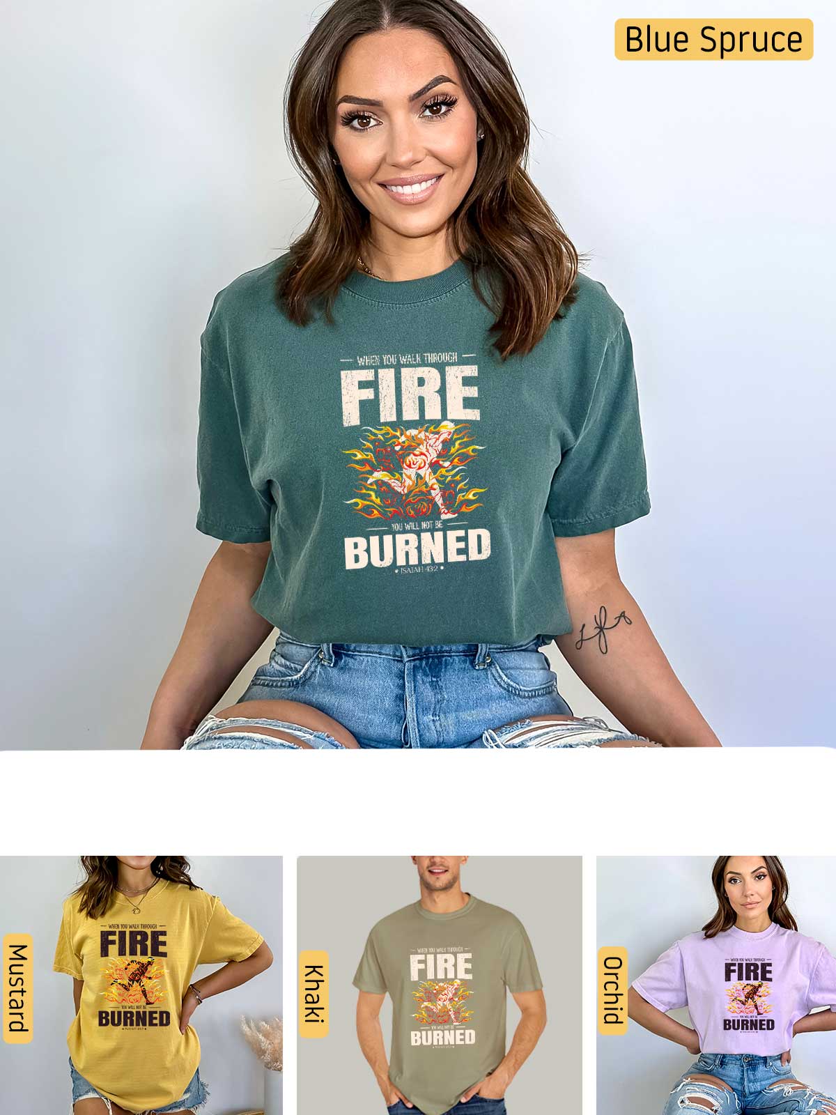 a woman wearing a t - shirt that says fire burned