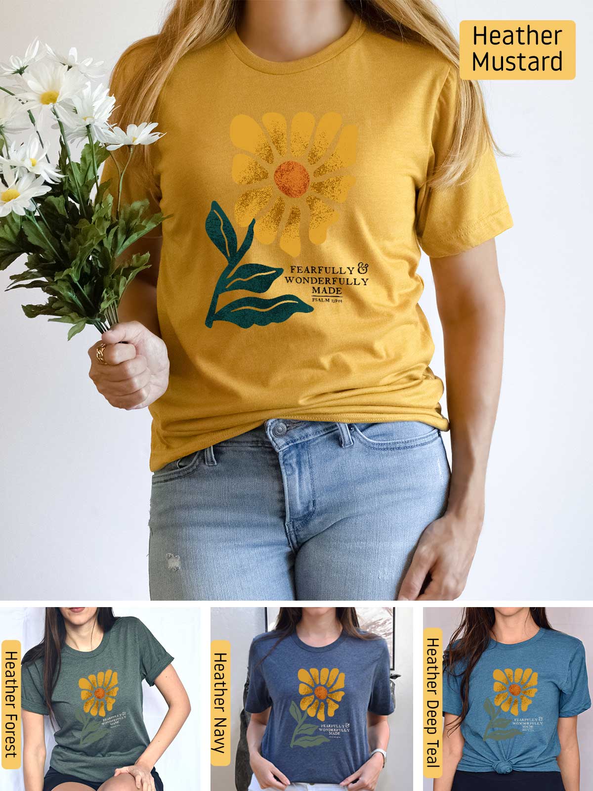 a woman wearing a t - shirt with a flower on it