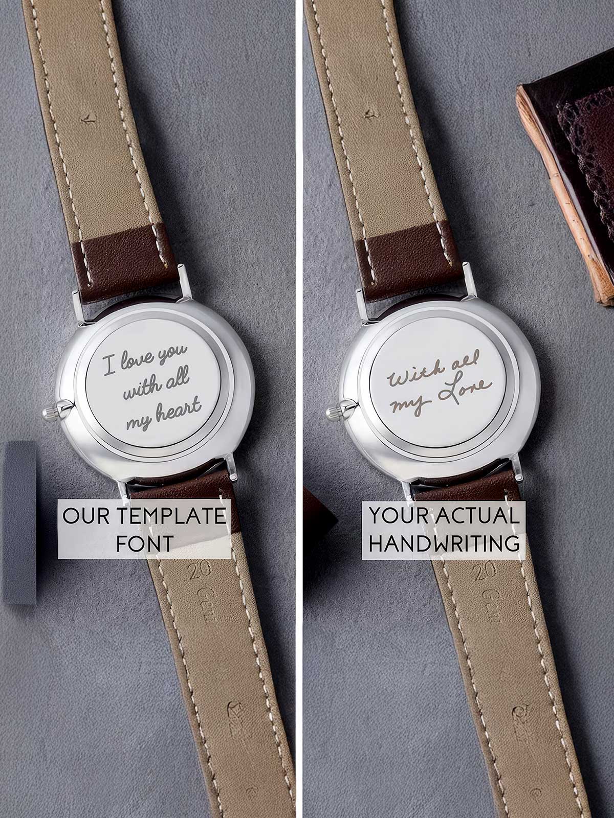 two pictures of a wrist watch with a leather strap