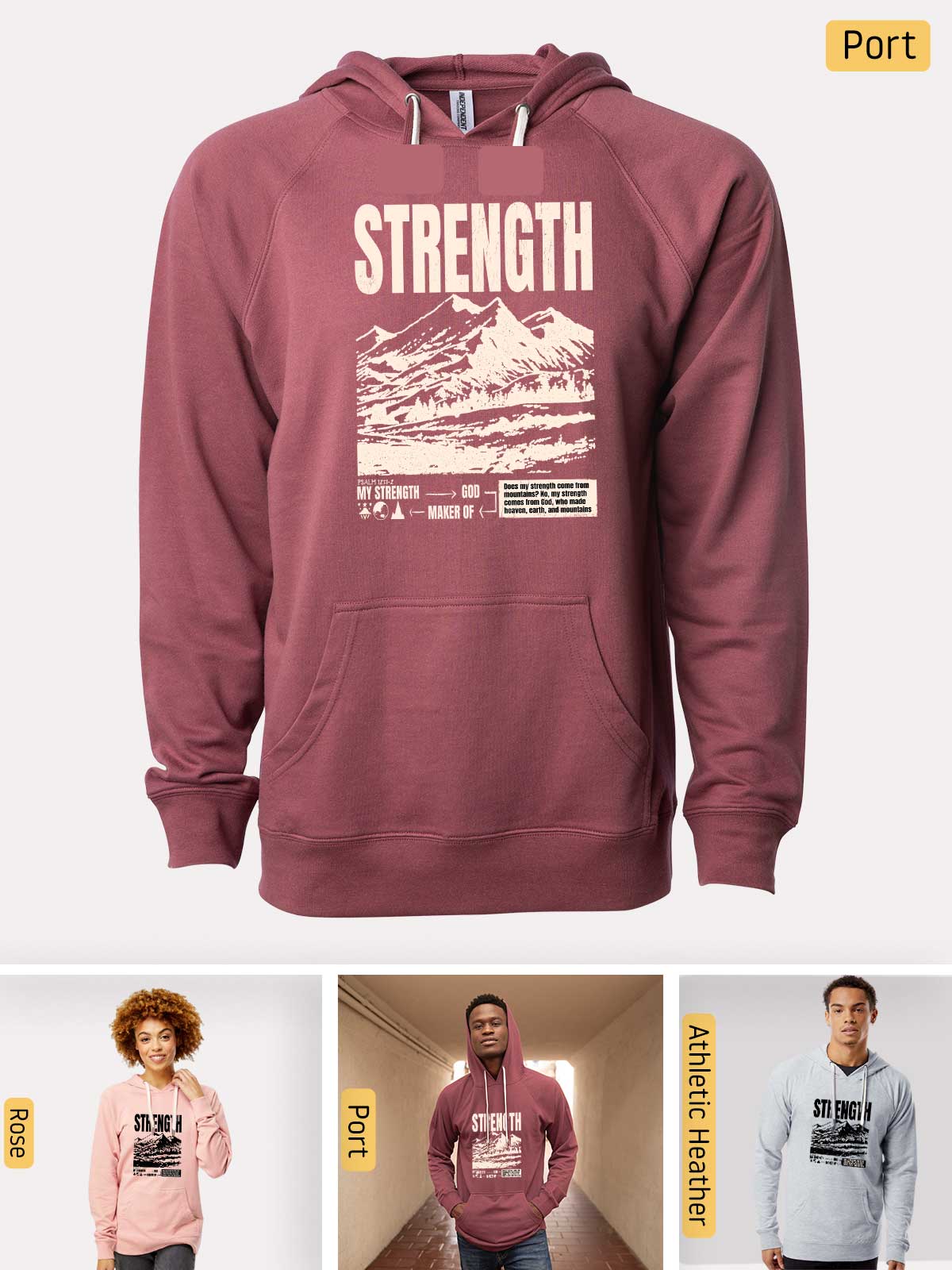 a man wearing a maroon sweatshirt with a mountain scene on it