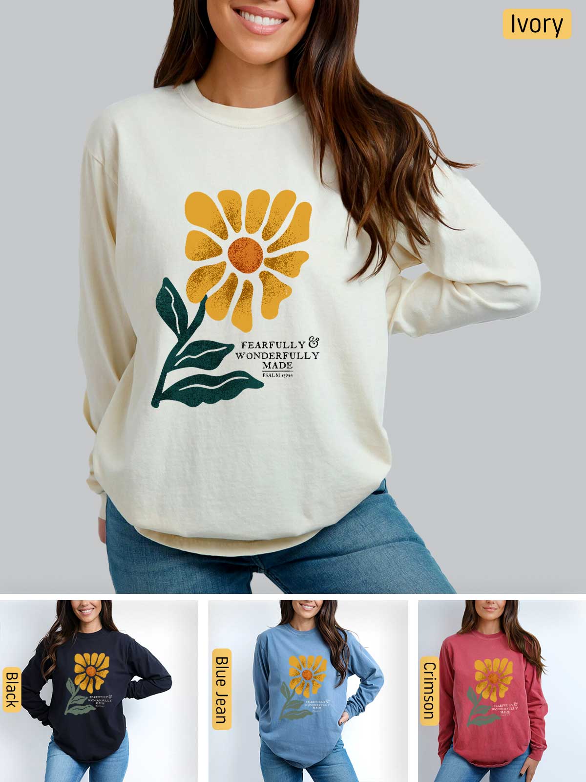 a woman wearing a sweatshirt with a flower on it