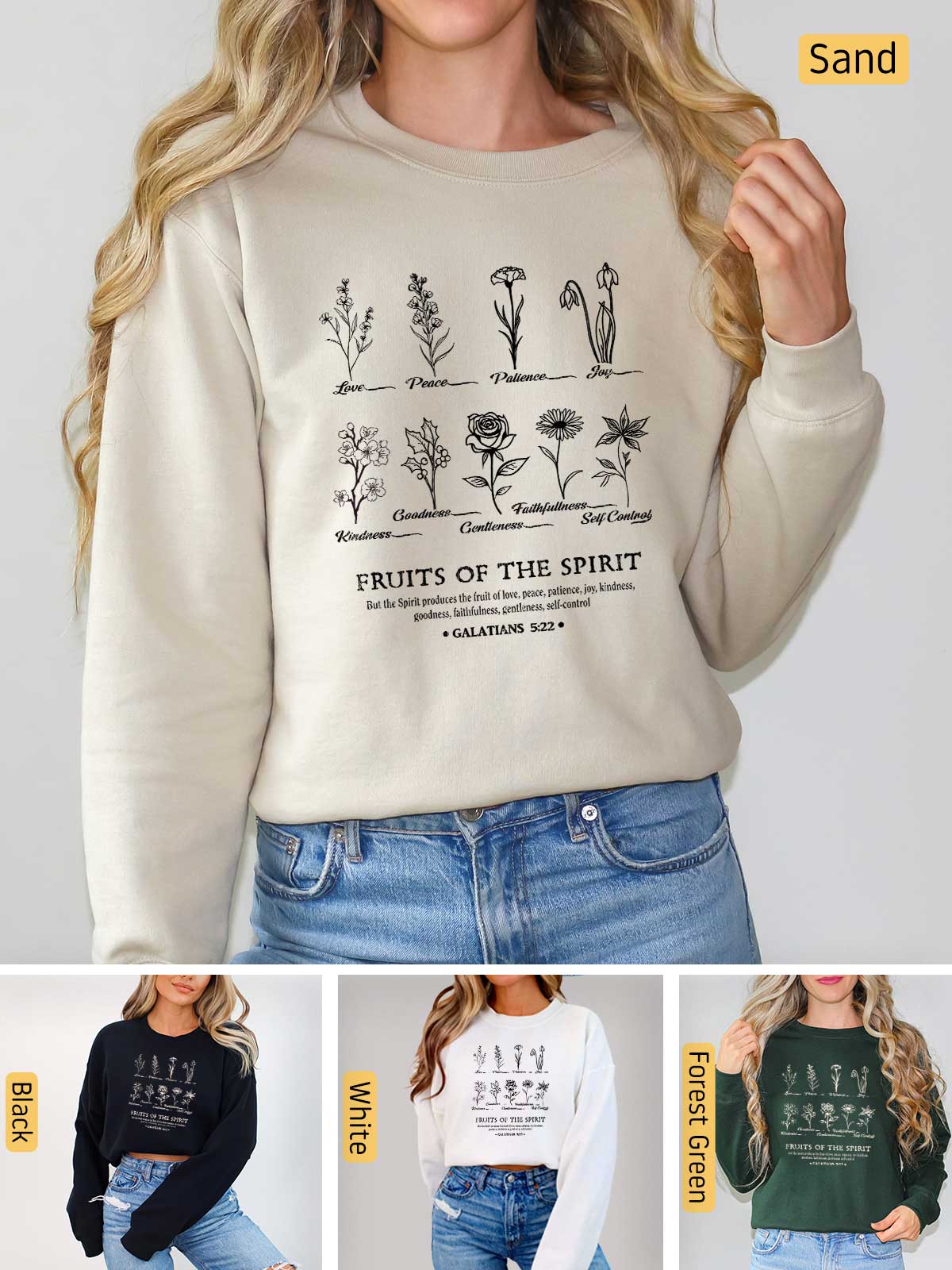 a woman wearing a sweatshirt with plants on it