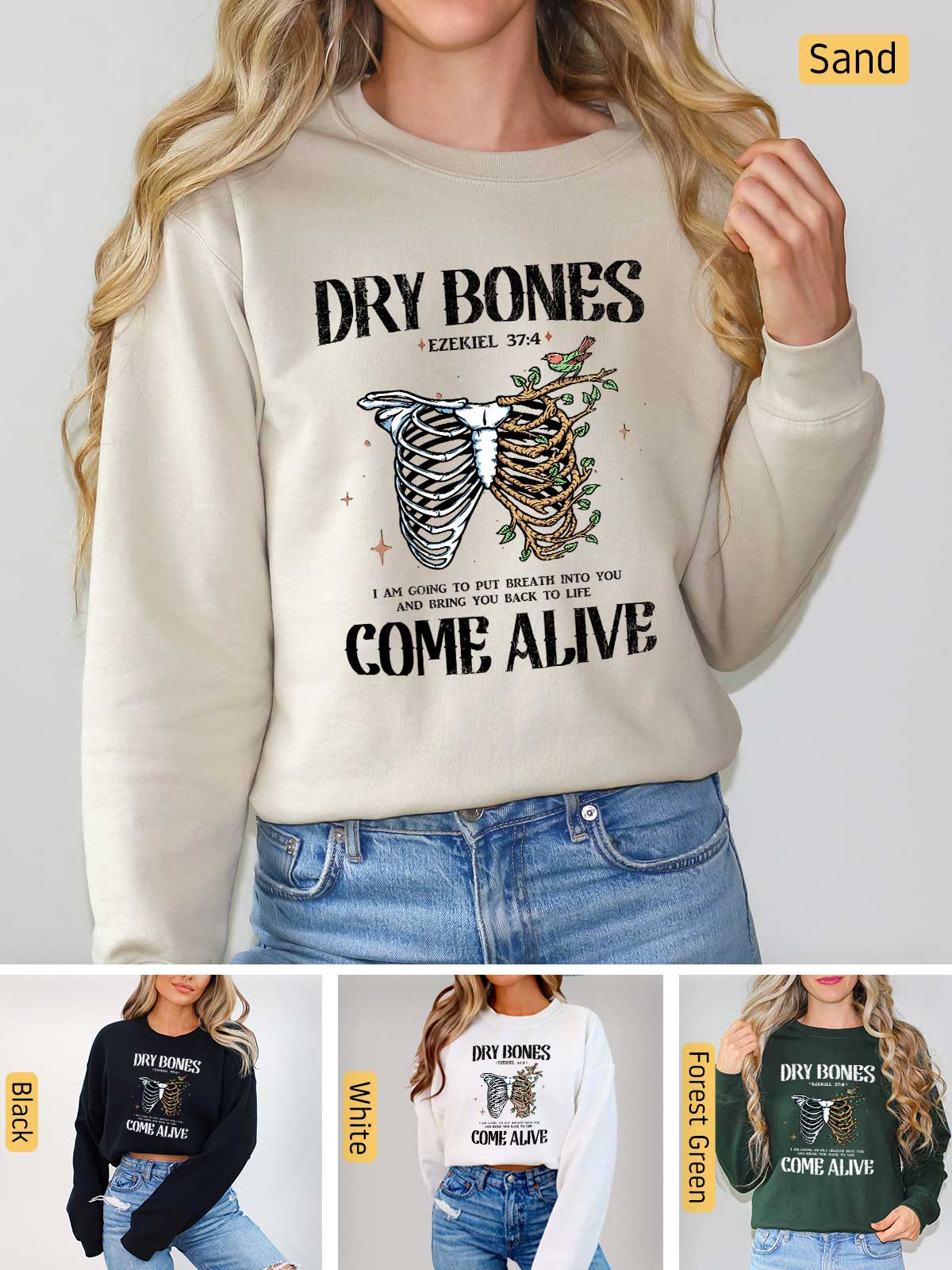 a woman wearing a sweatshirt that says dry bones come alive