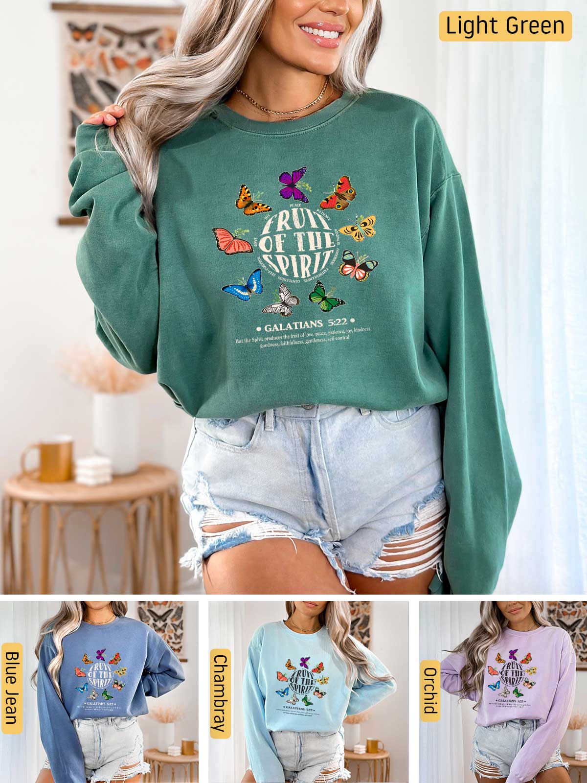 a woman wearing a green sweatshirt with butterflies on it