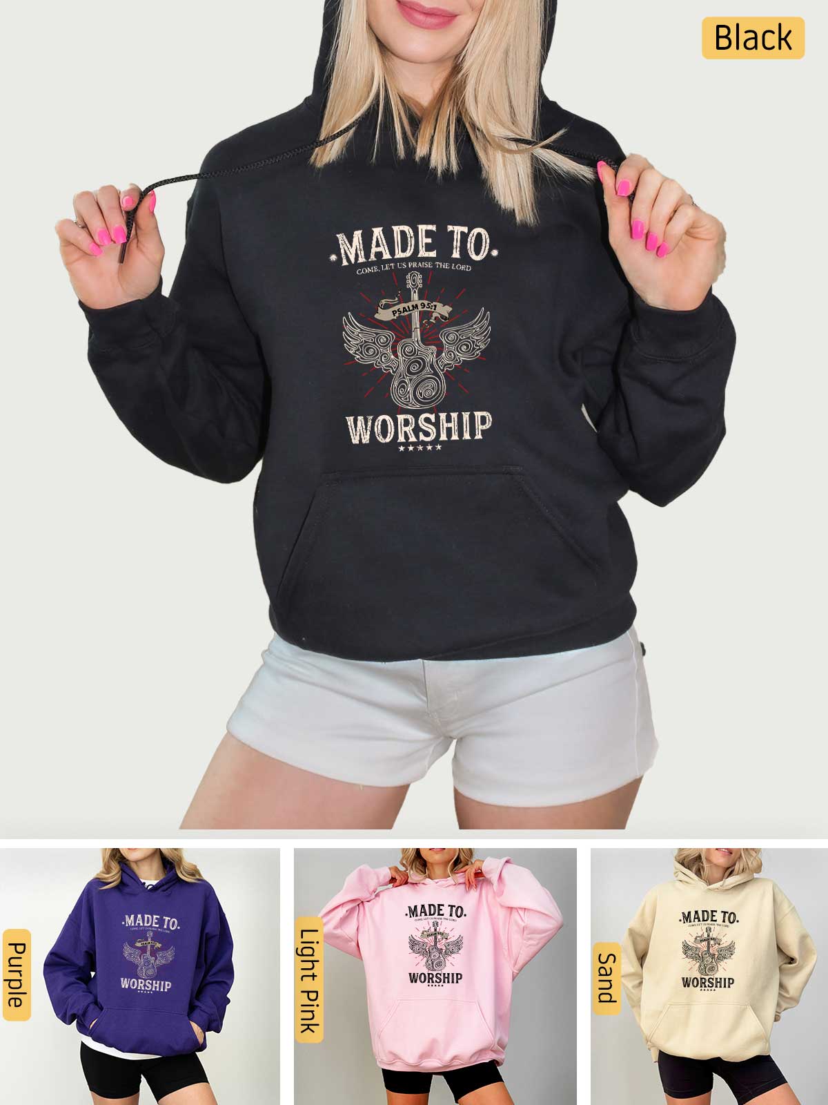 a woman wearing a hoodie that says made to worship