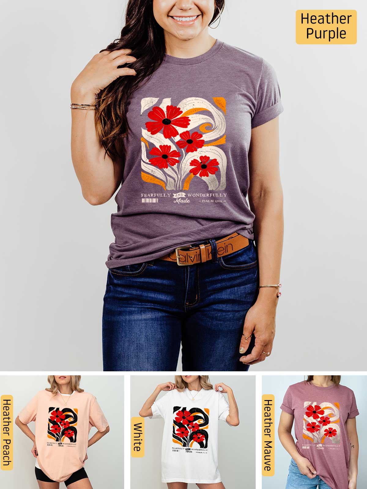 a woman wearing a t - shirt with flowers on it