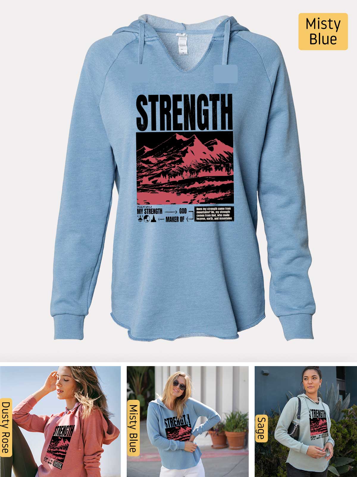 a woman wearing a blue sweatshirt with a mountain scene on it