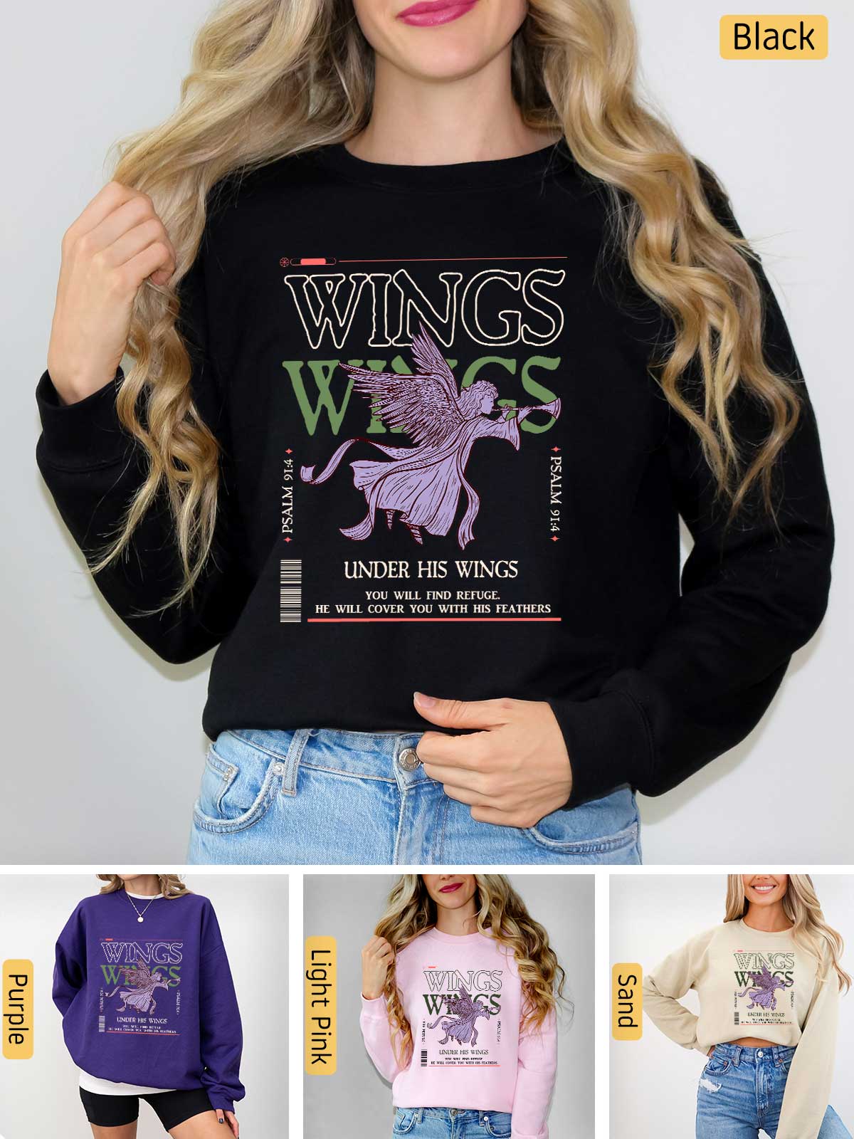 a woman wearing a sweatshirt with wings on it