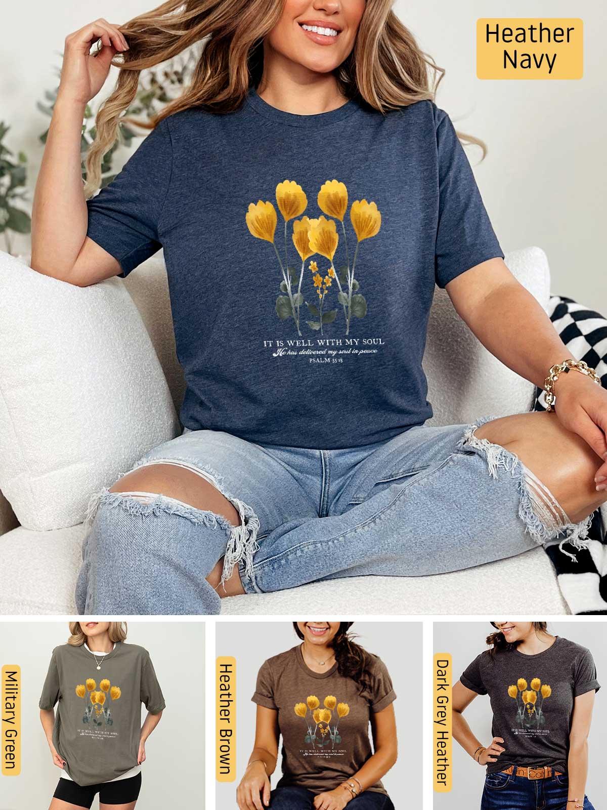 a woman sitting on a couch wearing a t - shirt with flowers on it