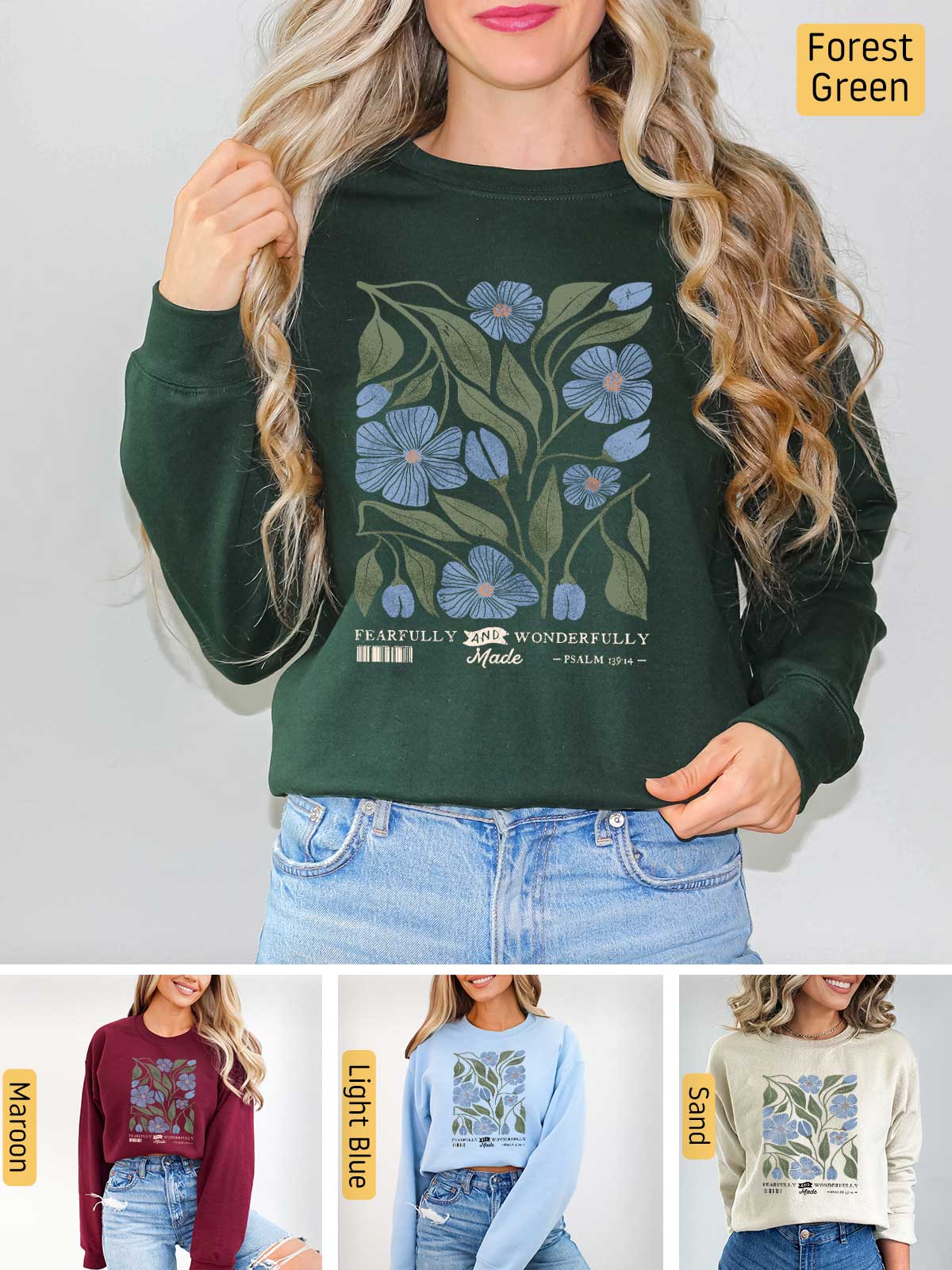 a woman wearing a sweatshirt with flowers on it