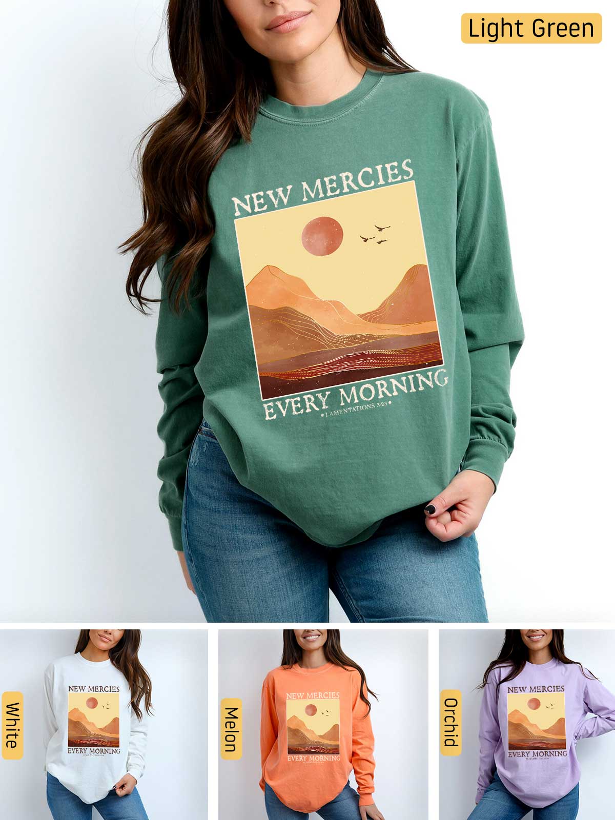 a woman wearing a new mercies every morning sweatshirt