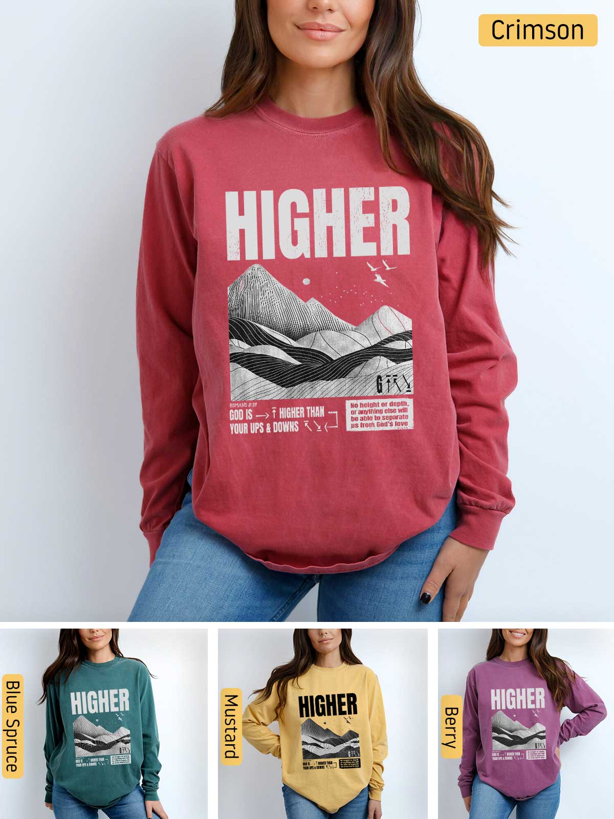 a woman wearing a sweatshirt with the words higher on it