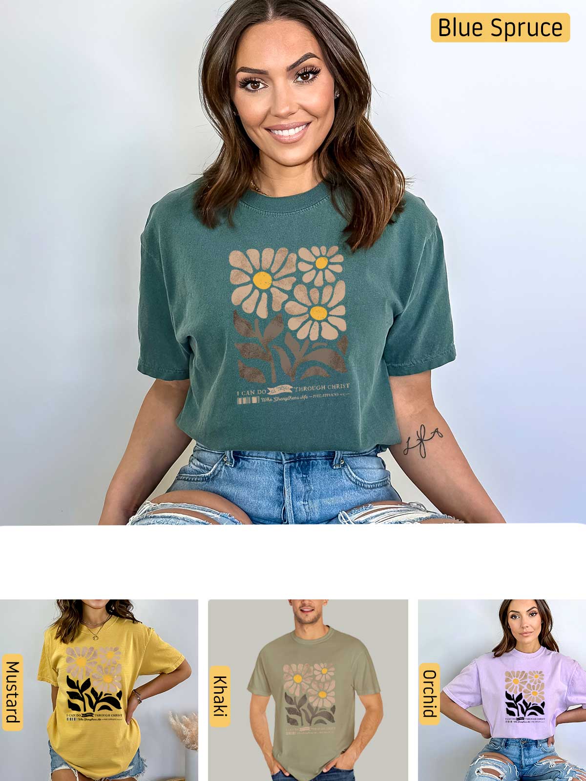 a woman wearing a t - shirt with flowers on it