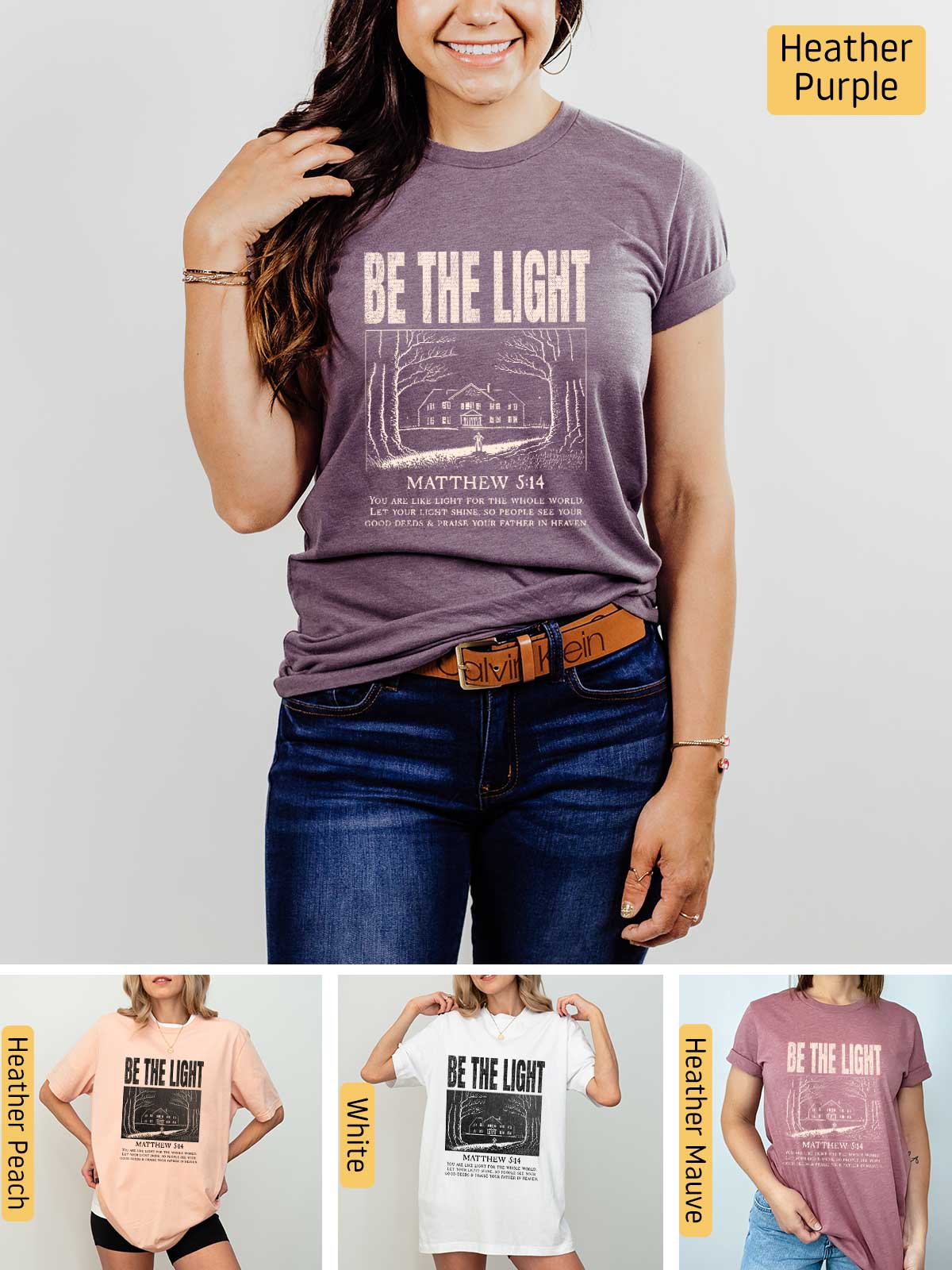 a woman wearing a t - shirt that says be the light