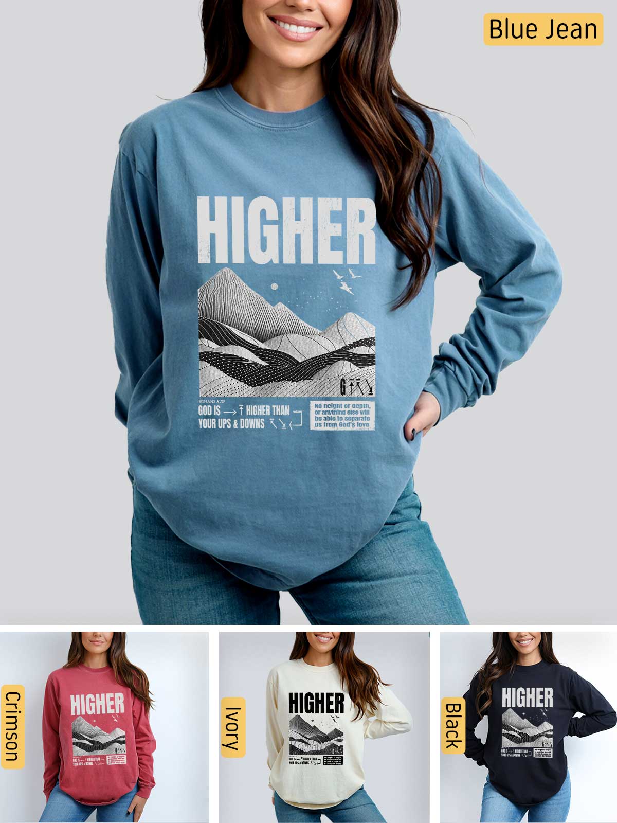 a woman wearing a sweatshirt with the words higher on it