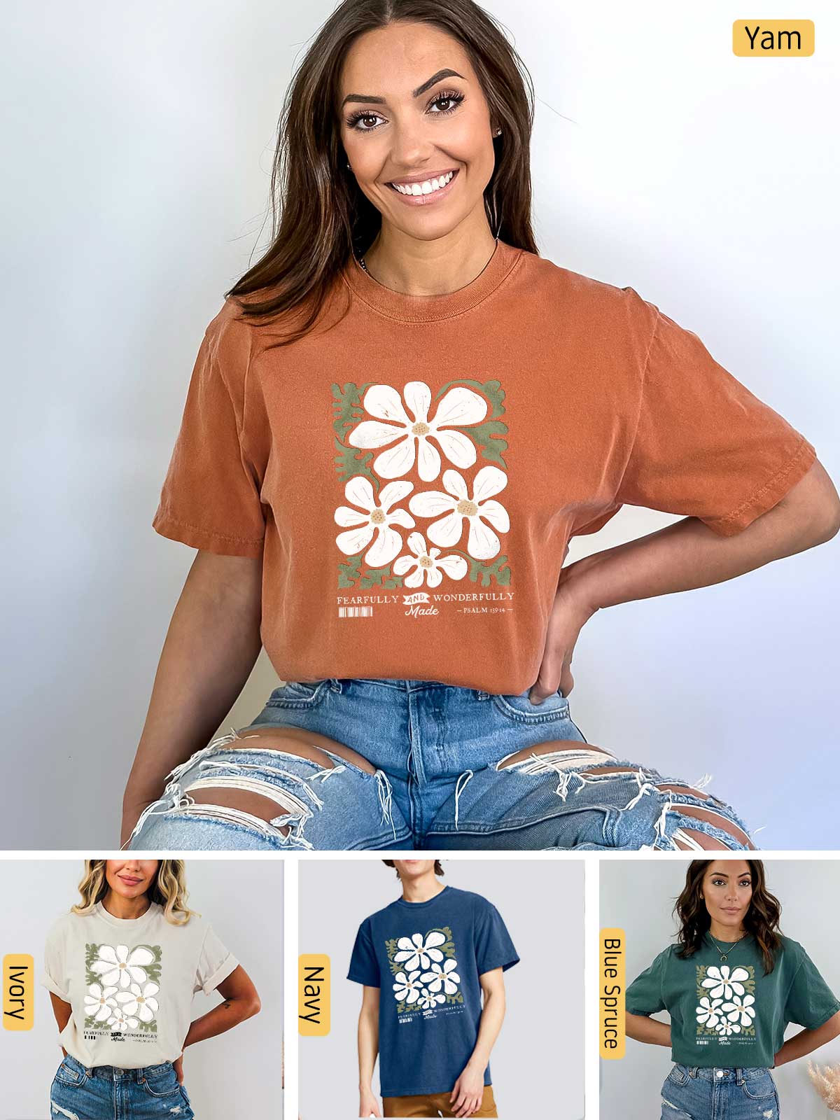 a woman wearing a t - shirt with flowers on it