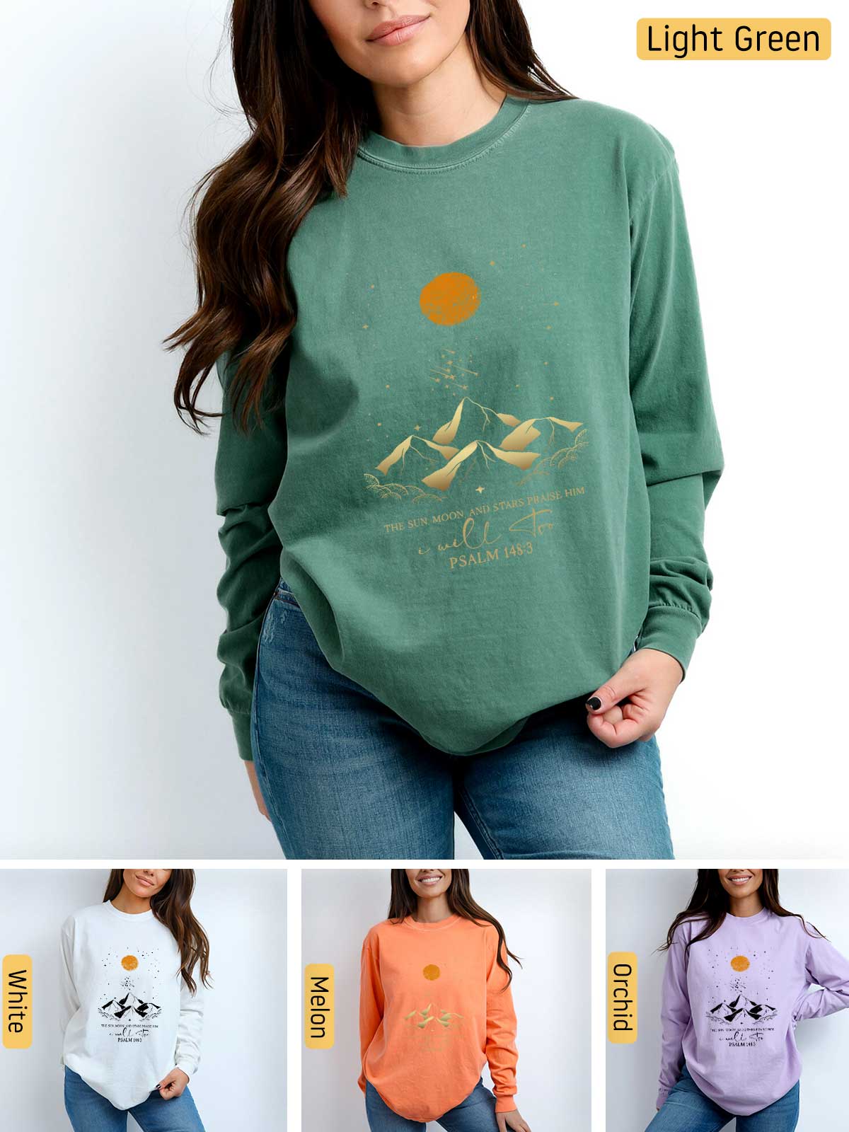 a woman wearing a sweatshirt with a mountain scene on it