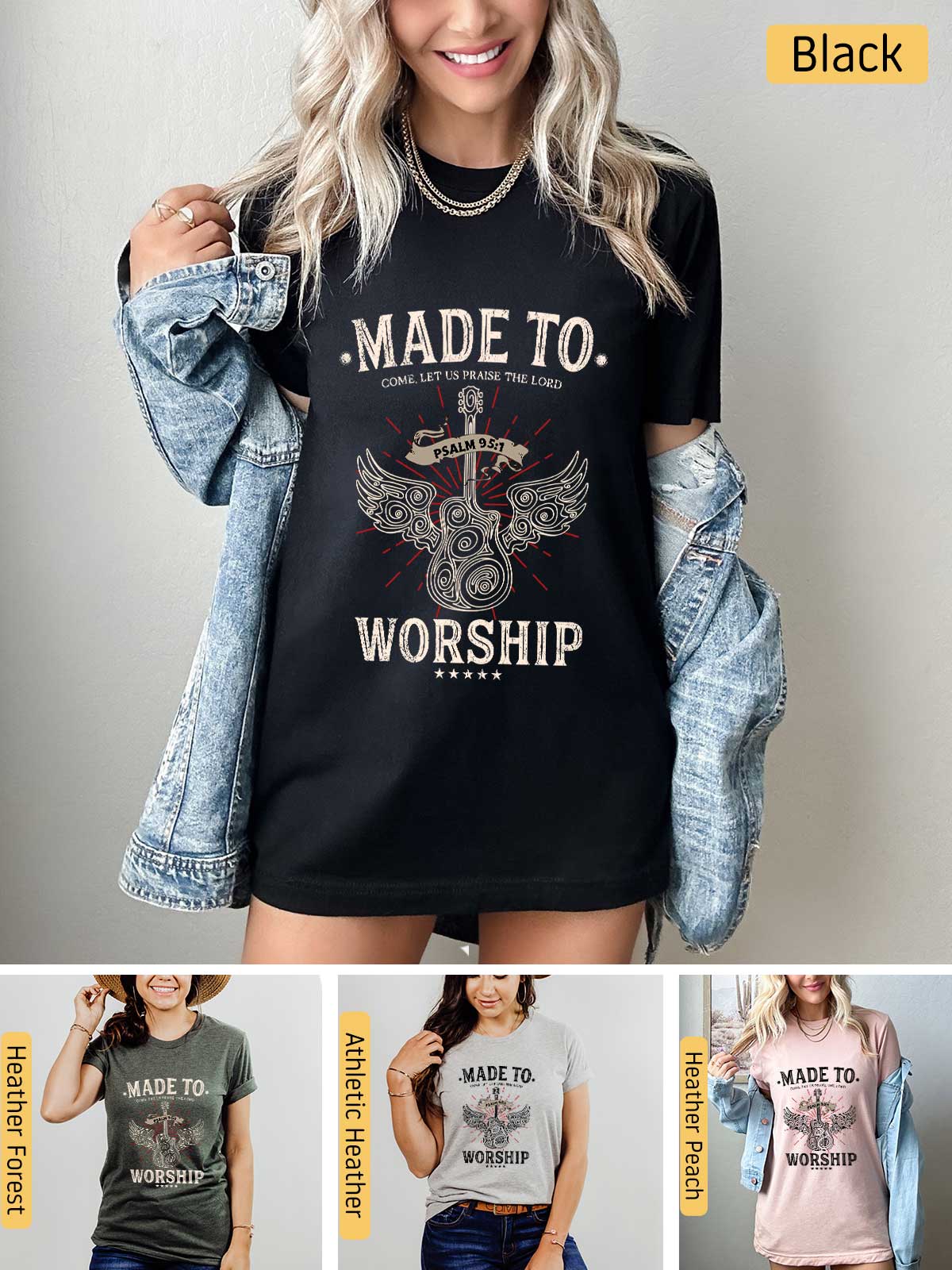 a woman wearing a t - shirt that says made to worship