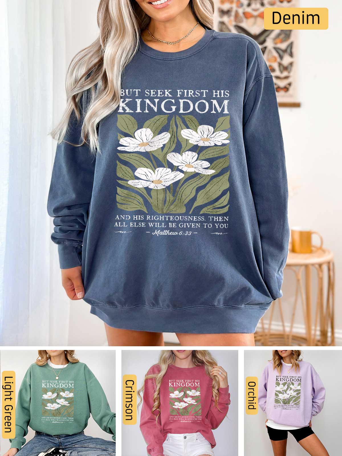 a woman wearing a sweatshirt with a flower on it