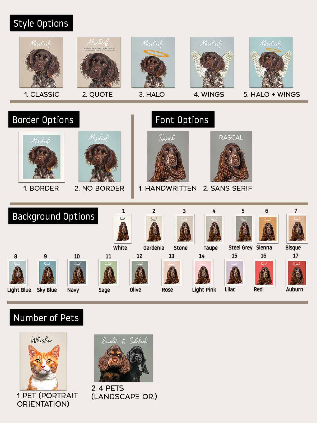 a collection of images showcasing various styles and options for a portrait of a dog, including different border designs, font styles, and background colors.