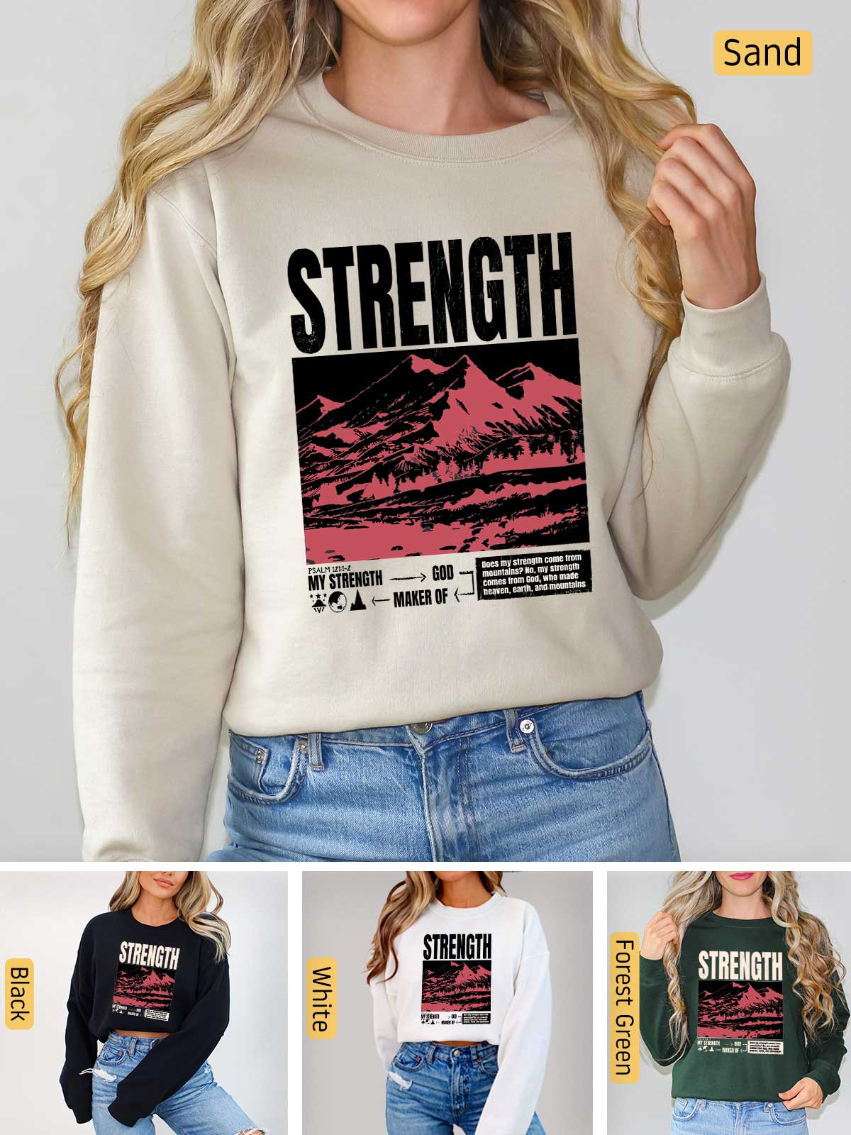 a woman wearing a sweatshirt with the words strength on it