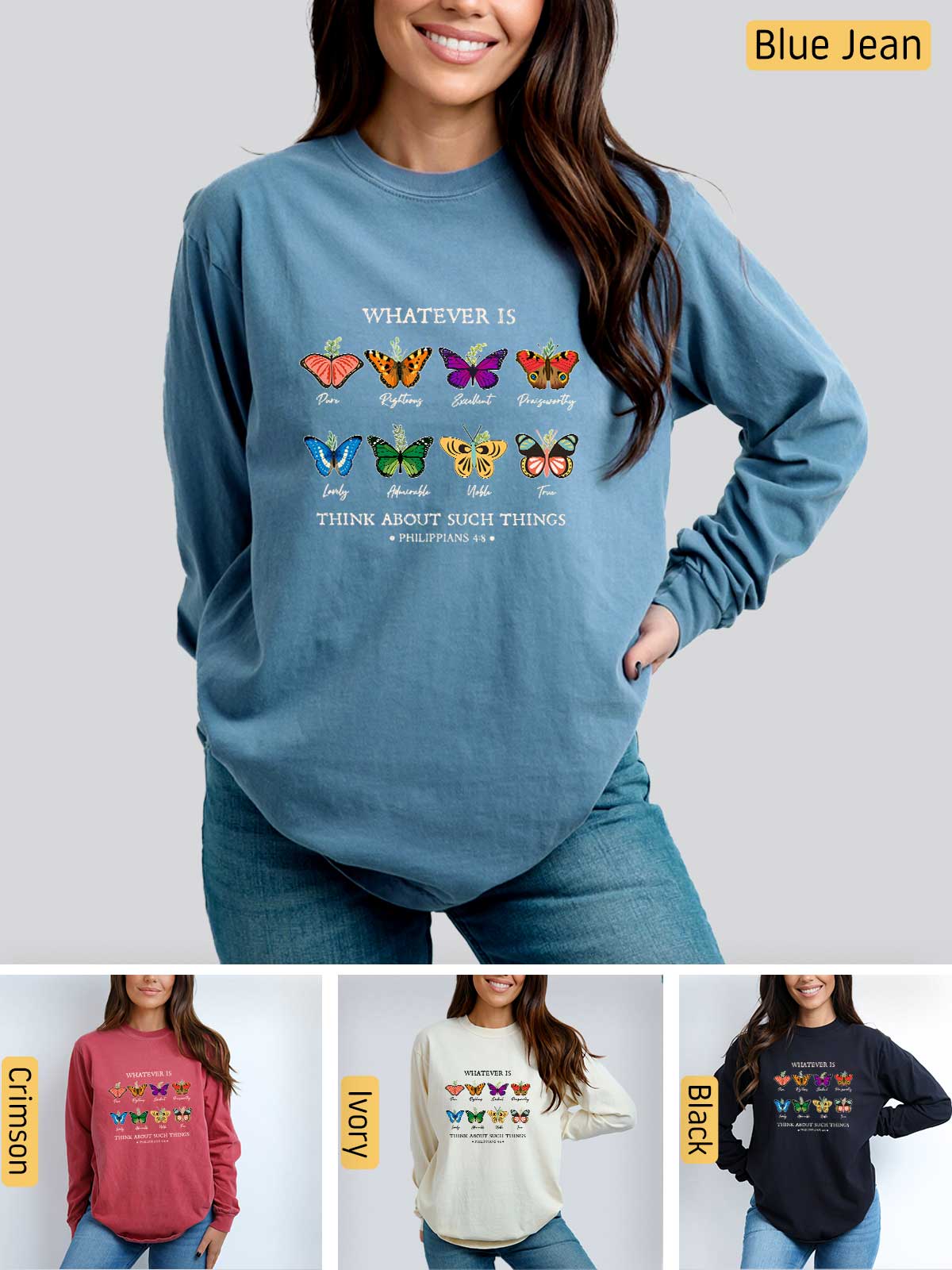 a woman wearing a blue sweater with butterflies on it