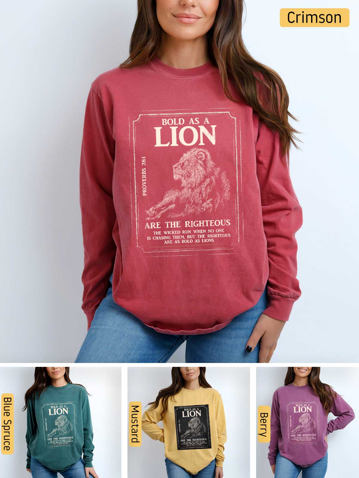 a woman wearing a lion sweatshirt and jeans