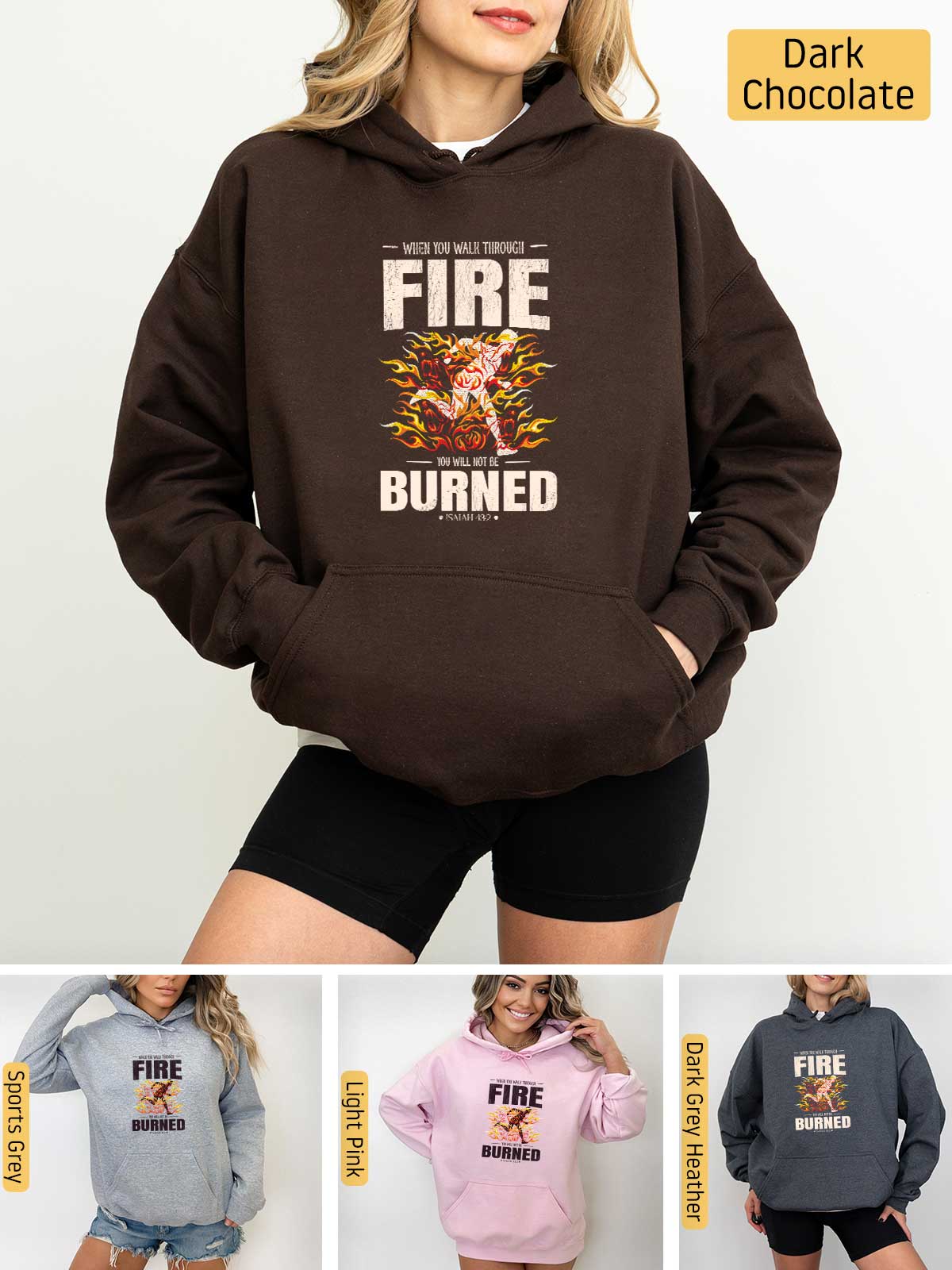 a woman wearing a fire burned hoodie