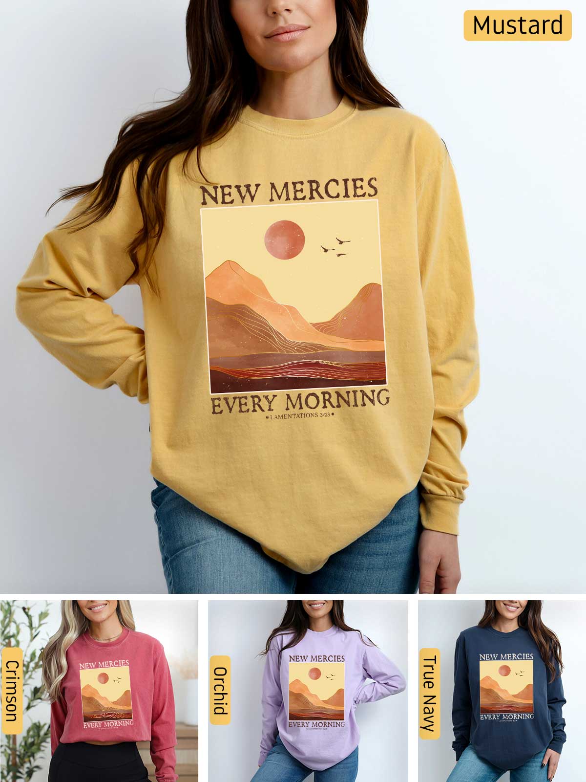 a woman wearing a new mercies every morning sweatshirt