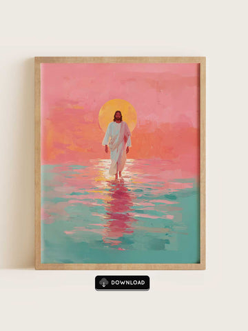 Jesus Walks on Water – Pink & Teal Front View