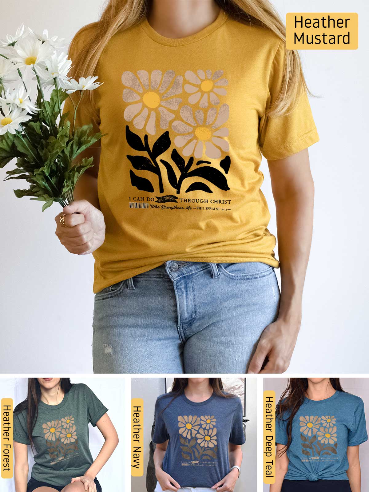 a woman wearing a t - shirt with flowers on it